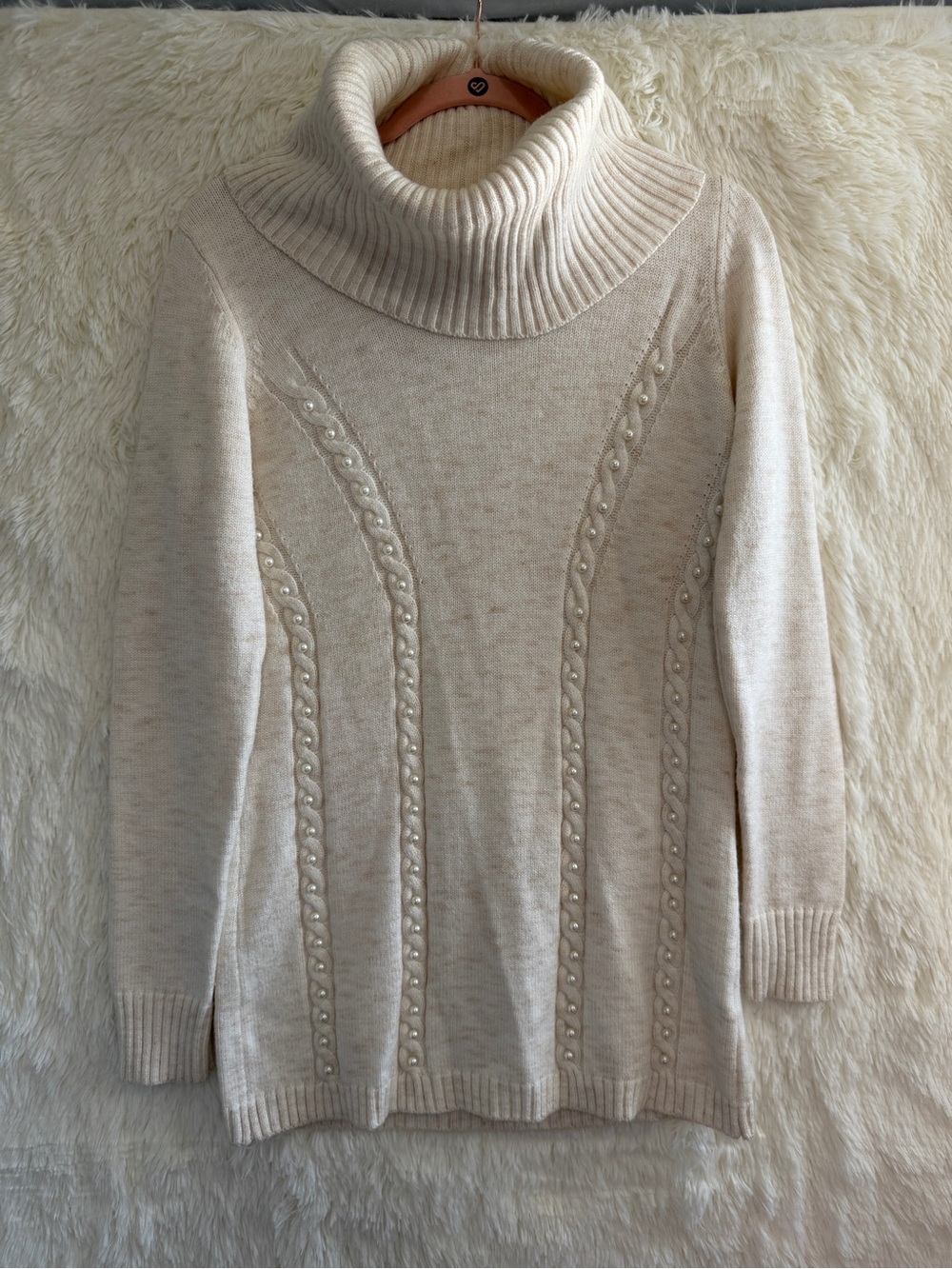 Le Chateau Womens Cable Knit Turtleneck Tunic Sweater Size M Cream Preppy Cozy